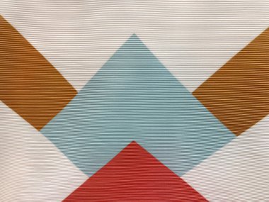 Geometrik şekilli kumaş veya duvar kağıdı arka planı mavi, turuncu, kırmızı ve beyaz renklidir. Yatay çizgili flüt desenli. Kusursuz arkaplan dokusu.