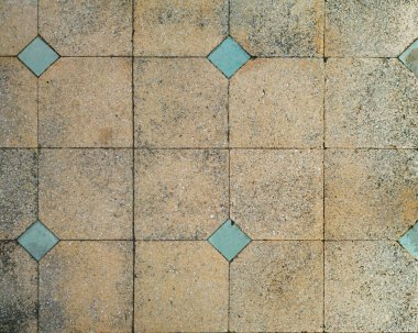 Retro mavi elması ve yıpranmış terrazzo fayanslarını kapatın. Cyan rengi elmas desenli bej terrazzo fayanslar. Kusursuz arkaplan dokusu.