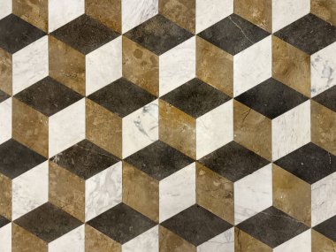 Rastgele kesilen mermer döşeme kalıplarını 3 boyutlu küp ve altıgen şeklinde kapatın. Kahverengi, siyah ve beyaz renkte üç boyutlu geometrik taban deseni. Kusursuz arkaplan dokusu