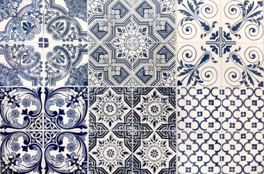 Rastgele çiçek, yıldız, süsleme, oyma ve diğer soyut desenlerdeki sömürge kalıpları. El yapımı koloni fayansları ya da mavi ve beyaz renkli eski miras fayansları. Kusursuz doku.