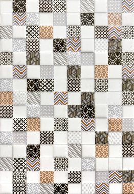 Dekoratif mozaik duvarın birçok deseni ve grafik arkaplanı var. Mutfak ve banyo duvarları için uygun. Kusursuz arkaplan dokusu.