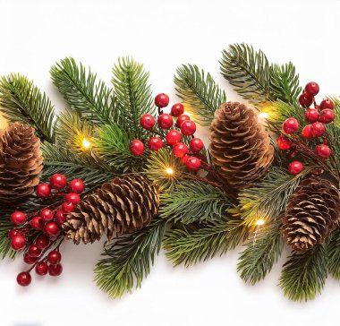 Çam kozalağı ve ışıldayan ışıkla aydınlatılmış böğürtlen çelengi ile kusursuz dekoratif Noel sınırı.