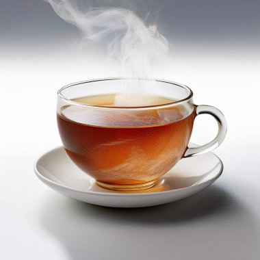  Uluslararası çay günü, bir fincan çay buharı ve çay fincanı beyaz bir masada çay yapraklarıyla.