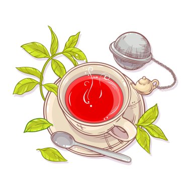 Çay ve Çay Yaprak Vektörü Kafeterya, Posterler, Afişler, Kartlar için Tasarım ve Dekorasyon için izole edildi. Bir kupa sıcak sıcak içecek. Aroma içeceği Renkli Ayrıntılı Resimler.
