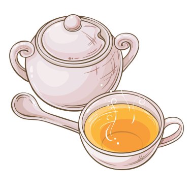 Bir fincan çay ve şeker kasesi. Kafeterya, Posterler, Afişler, Kartlar için Tasarım ve Dekorasyon için vektör izole edildi. Sıcak kış içeceği. Aroma içeceği Renkli Ayrıntılı Resimler.