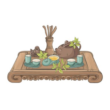 Çay Seremonisi Vektörü Kafeterya, Posterler, Afişler, Kartlar için Tasarım ve Dekorasyon Renkli Ayrıntılı Resimler.