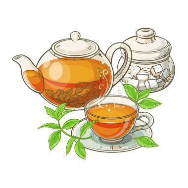 Çay, Çaydanlık ve Şeker Kasesi Vektörü Kafeterya, Posterler, Afişler, Kartlar için Tasarım ve Dekorasyon için izole edildi. Bir kupa sıcak sıcak içecek. Aroma içeceği Renkli Ayrıntılı Resimler.