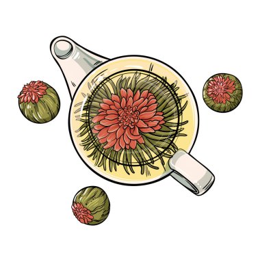 Çiçekli Çay Kafeterya, Posterler, Afişler, Kartlar için Ayrıntılı Renkli Resimler Tasarım ve Dekorasyon.