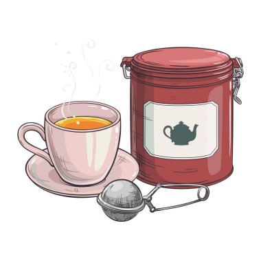 Kafeterya, Posterler, Afişler ve Kartlar İçin Tasarım ve Dekorasyon İçin Ayrı Kalan Çay ve Teneke Paket Vektörü. Bir kupa sıcak sıcak içecek. Aroma içeceği Renkli Ayrıntılı Resimler.