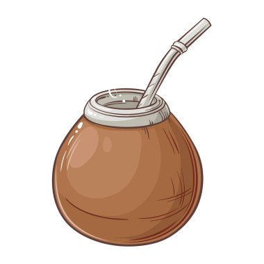 Calabash 'taki Mate Tea ve Bombilla Vector Kafeterya, Posterler, Afişler ve Kartlar İçin Tasarım ve Dekorasyon İçin İzole Edildi. Aroma içeceği Renkli Ayrıntılı Resimler.