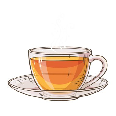 Kafeterya, Posterler, Afişler, Kartlar için Çay Vektörü Tasarım ve Dekorasyon için izole edildi. Bir kupa sıcak sıcak içecek. Aroma içeceği Renkli Ayrıntılı Resimler.