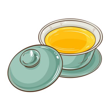 Gaiwan Vektörü Kafeterya, Posterler, Afişler, Kartlar için Renkli Ayrıntılı Resimler Tasarım ve Dekorasyon.
