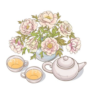 Kafeterya, Posterler, Afişler, Kartlar için Tasarım ve Dekorasyon için ayrılmış Şakayık Vektörlü Çay ve Çaydanlık. Bir kupa sıcak sıcak içecek. Aroma içeceği Renkli Ayrıntılı Resimler.