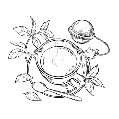 Çay ve Çay Yaprak Vektörü Kafeterya, Posterler, Afişler, Kartlar için Tasarım ve Dekorasyon için izole edildi. Bir kupa sıcak sıcak içecek. Aroma içeceği Taslak Çizimi.