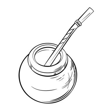 Calabash 'taki Mate Tea ve Bombilla Vector Kafeterya, Posterler, Afişler ve Kartlar İçin Tasarım ve Dekorasyon İçin İzole Edildi. Aroma içeceği Taslak Çizimi.