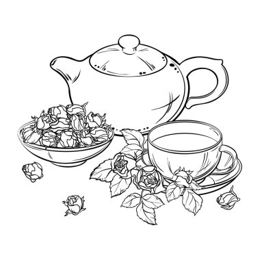 Bir fincan Rose Tea ve Teapot Vector Kafeterya, Posterler, Afişler, Kartlar için Tasarım ve Dekorasyon için izole edildi. Bir kupa sıcak sıcak içecek. Aroma içeceği Taslak Çizimi.