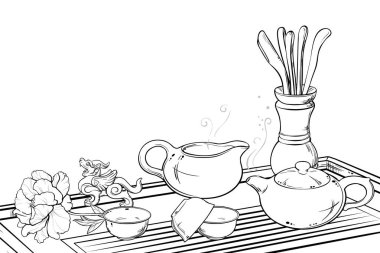 Çay Seremonisi Vektörü Kafeterya, Posterler, Afişler, Kartlar için Tasarım ve Dekorasyon Tasarlanmış Tasarım Çizimi.