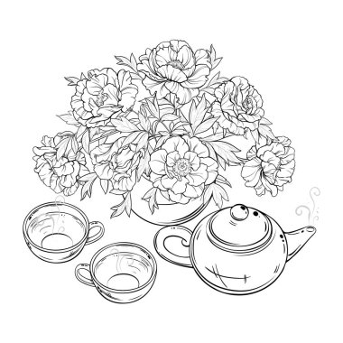 Kafeterya, Posterler, Afişler, Kartlar için Tasarım ve Dekorasyon için ayrılmış Şakayık Vektörlü Çay ve Çaydanlık. Bir kupa sıcak sıcak içecek. Aroma içeceği Taslak Çizimi.
