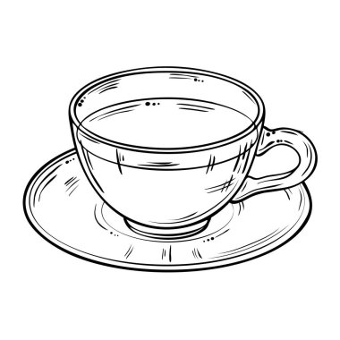 Kafeterya, Posterler, Afişler, Kartlar için Çay Vektörü Tasarım ve Dekorasyon için izole edildi. Bir kupa sıcak sıcak içecek. Aroma içeceği Taslak Çizimi.
