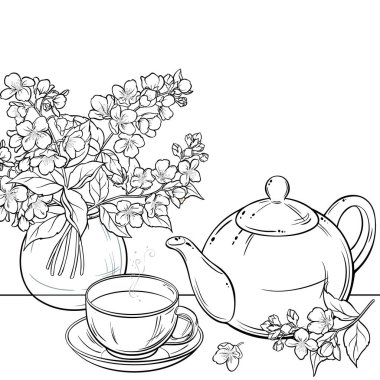 Bir fincan Jasmine Tea ve Jasmine Flowers. Kafeterya, Posterler, Pankartlar, Kartlar için Tasarım ve Dekorasyon için Bir Çaydanlık Resimlerinde Aroma İçecek.