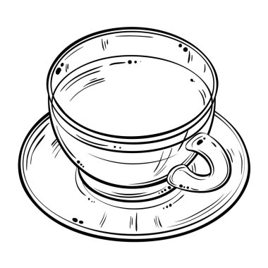 Kafeterya, Posterler, Afişler, Kartlar için Çay Vektörü Tasarım ve Dekorasyon için izole edildi. Bir kupa sıcak sıcak içecek. Aroma içeceği Taslak Çizimi.