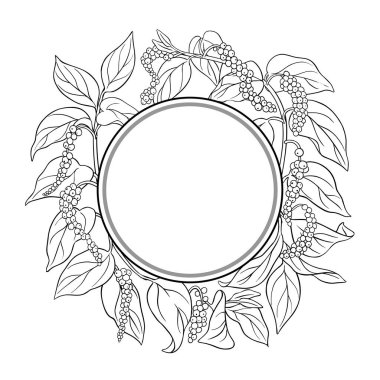 Böğürtlen ve Yapraklar Yuvarlak Çerçeveli Kara Biber Şubesi. Organik doğal besin maddeleri, vejetaryen diyet ürünleri. Tasarım veya dekorasyon için izole edilmiş vektör.