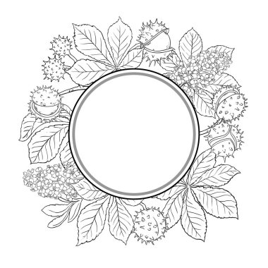 Çiçekli, fındıklı ve yapraklı At Kestanesi Yuvarlak Çerçeveli. Kozmetik, sağlık, alternatif tıp malzemeleri. Tasarım veya dekorasyon için izole edilmiş vektör.