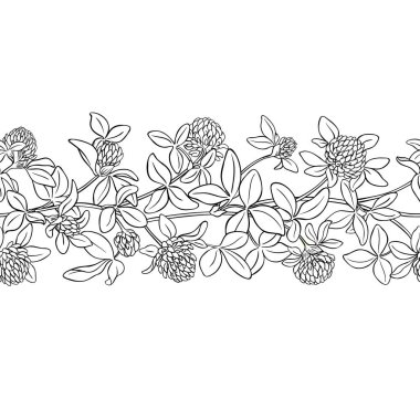 Çiçekler ve Yapraklar ile Yonca Şubesi Yatay Şekilsiz Dış Hatlar. Tasarım veya dekorasyon için izole edilmiş vektör.