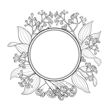 Çiçekler ve Yapraklar Yuvarlak Çerçeveli Tarçın Şubesi. Organik doğal besin maddeleri, vejetaryen diyet ürünleri. Tasarım veya dekorasyon için izole edilmiş vektör.