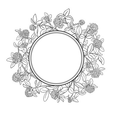 Çiçekler ve Yapraklar Yuvarlak Çerçeveli Yonca Şubesi. Tasarım veya dekorasyon için izole edilmiş vektör.