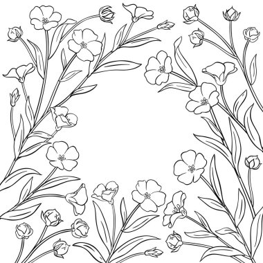 Flowers ve Leaves Outline Frame ile Flax Branch. Organik doğal besin maddeleri, vejetaryen diyet ürünleri. Tasarım veya dekorasyon için izole edilmiş vektör.