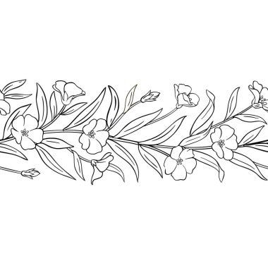 Çiçekler ve Yapraklar ile Flax Branch Yatay Kusursuz Desen. Organik doğal besin maddeleri, vejetaryen diyet ürünleri. Tasarım veya dekorasyon için izole edilmiş vektör.