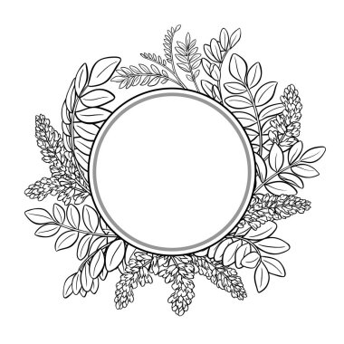 Çiçekler ve Yapraklar Yuvarlak Çerçeveli Meyankökü Şubesi. Tasarım veya dekorasyon için izole edilmiş vektör.