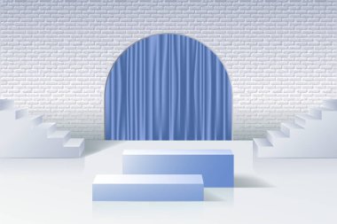 Merdivenli bir odada reklam kürsüsü, 3 boyutlu gerçekçi vektör illüstrasyonu.