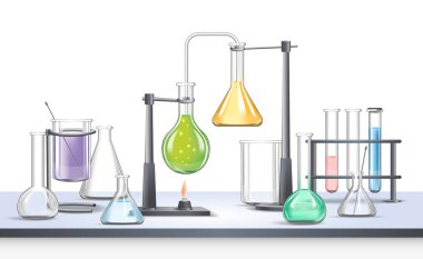 Laboratuvar ekipmanları, cam, test tüpleri ve diğerleri, beyaz arka planda, gerçekçi vektör illüstrasyonu yakın plan