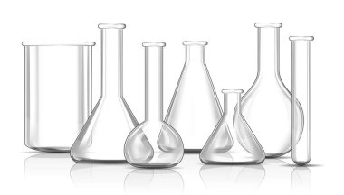 Beyaz arka planda saydam laboratuvar ekipmanları, cam, test tüpleri ve diğerleri, gerçekçi vektör illüstrasyonu yakın plan