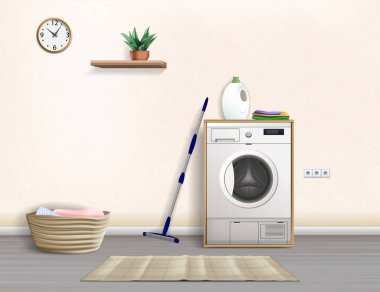 Laundry Room Interior with Washing Machine, realistic vector illustration close-up