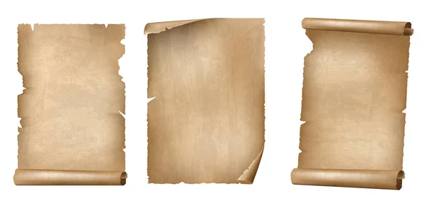 古代の紙や紙のスクロール ホワイトバックグラウンドのリアルなベクターイラストのセット — ストックベクタ