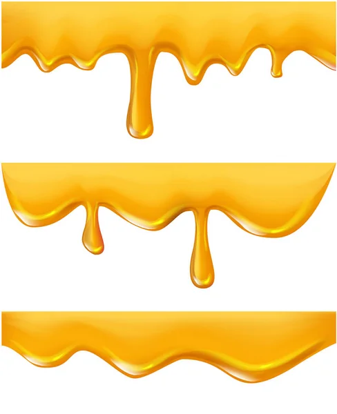 Set Von Süß Fließenden Honig Auf Weißem Hintergrund Realistische Vektorillustration — Stockvektor