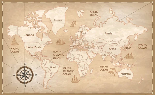 Αρχαίος Παγκόσμιος Χάρτης Διαίρεση Των Ηπείρων Κράτη Ρεαλιστική Διανυσματική Απεικόνιση — Διανυσματικό Αρχείο