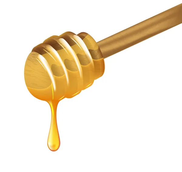 白い背景に流れる蜂蜜 現実的なベクターのイラストを閉じる木の蜂蜜のスプーン — ストックベクタ