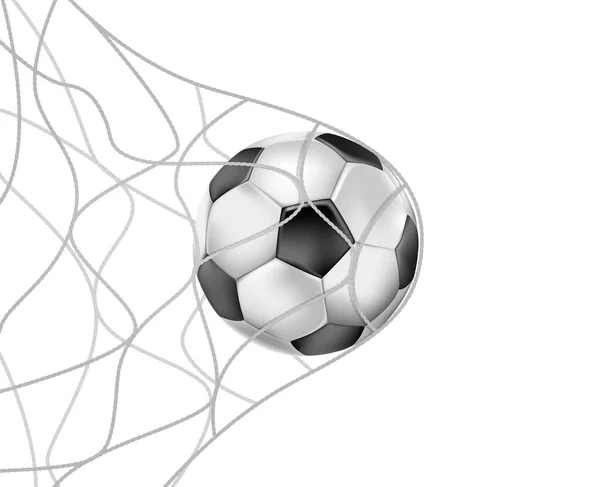 ホワイトバックグラウンドのゴールネットのサッカーボール 現実的なベクターイラストのクローズアップ — ストックベクタ