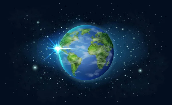 宇宙の緑の地球惑星 エコロジーのコンセプト 現実的なベクトルイラストのクローズアップ — ストックベクタ