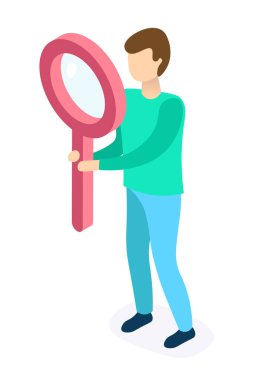 Büyüteç tutan adam - şeffaf arkaplan, düz tasarım vektör illüstrasyonunda çevrimiçi arama kavramı