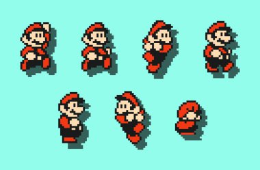 08 Aralık 2020: Büyük Mario hareketleri seti, Super Mario Bros 3 klasik video oyunu sanatı, piksel tasarım vektör çizimi. Super Mario Bros 3, Nintendo tarafından geliştirilen bir platform video oyunudur.
