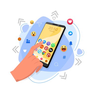 Kiev, Ukrayna - 10 Şubat 2021: Ekranında sosyal medya simgeleri olan akıllı telefon kullanımı, düz tasarım vektör çizimi