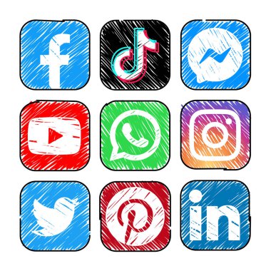 Kiev, Ukrayna - 28 Eylül 2022: İşaretleyici el çizimi tasarımında popüler Sosyal Medya ve Mobil Uygulamalar kümesi: Facebook, Tiktok, Messenger, Youtube ve diğerleri, vektör illüstrasyonu