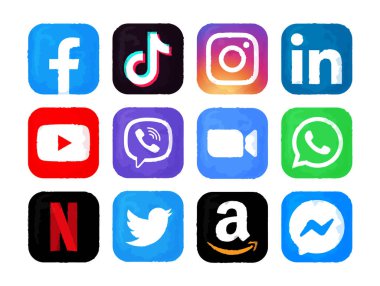 Kiev, Ukrayna - 28 Eylül 2022: Suluboya boya tasarımında popüler Sosyal Medya ve Mobil Uygulamalar kümesi: Facebook, Tiktok, Instagram, LinkedIn ve diğerleri, vektör ilülasyonu