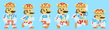 Kyiv, Ukraine - April 12, 2023: Set of Mario moves from Super Mario Odyssey video game. Art of pixel Mario in King Suit with Crown. Super Mario Odyssey is a platform video game clipart