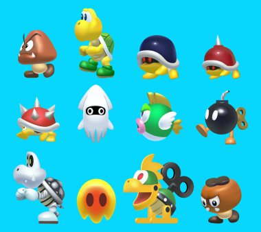Super Mario Bros U klasik video oyunu vektör illüstrasyonundan düşman karakterler. Super Mario Bros U, Nintendo tarafından geliştirilen bir video oyunudur.